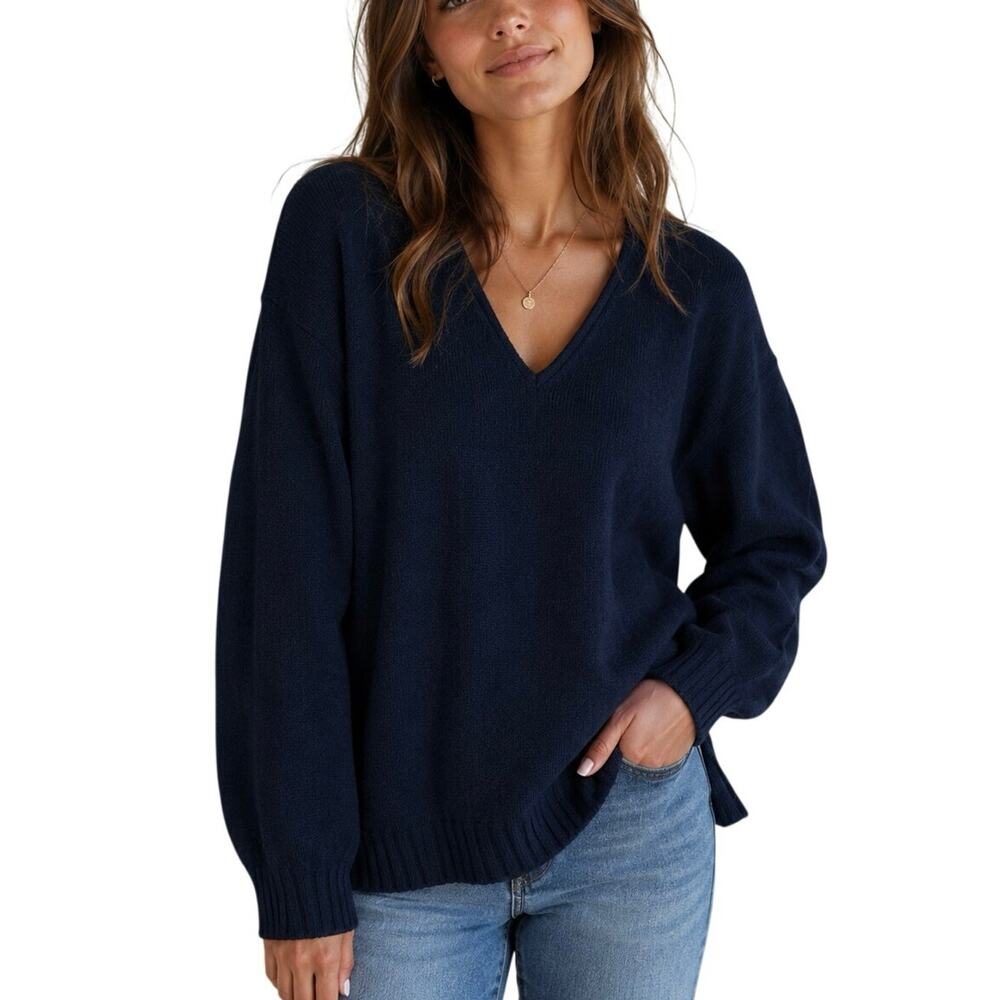 RALPH LAUREN BLUE LABEL 80s Deadstock Blue V-Neck Wool Knit Sweater Large Womens